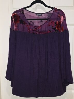 Hannah Deep Purple Velvet Floral Yoke Tunic Top